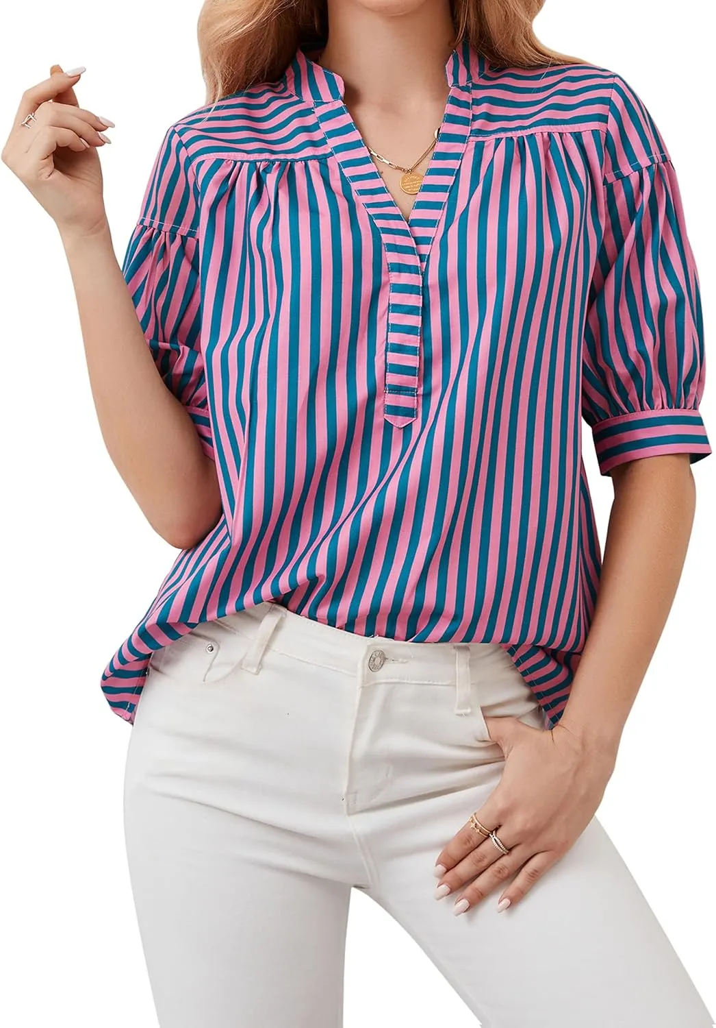 Womens Short Puff Sleeve Striped Blouses Top V Neck Loose Fit Casual Summer Work Blouses Striped Shirt