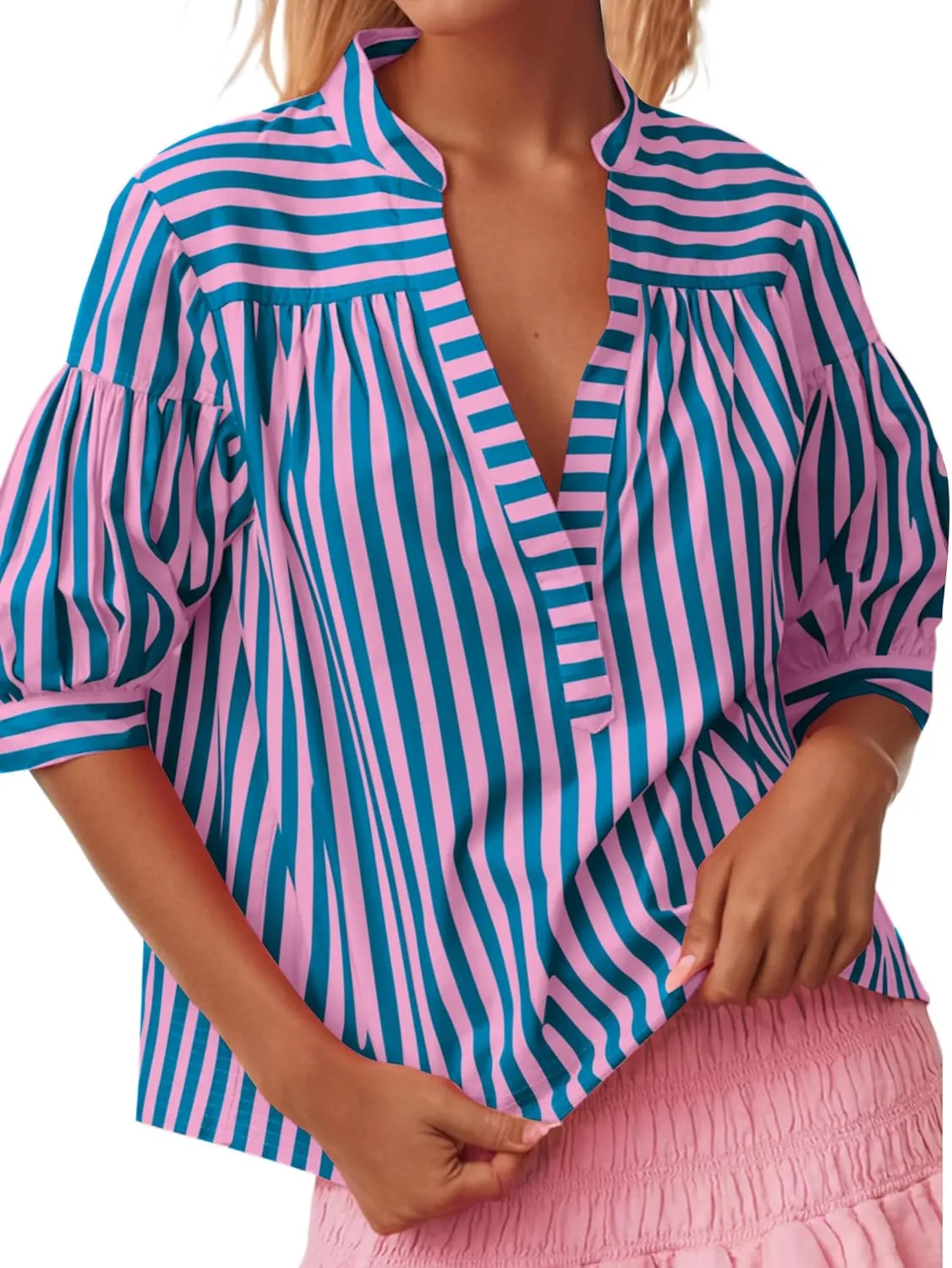 Womens Short Puff Sleeve Striped Blouses Top V Neck Loose Fit Casual Summer Work Blouses Striped Shirt