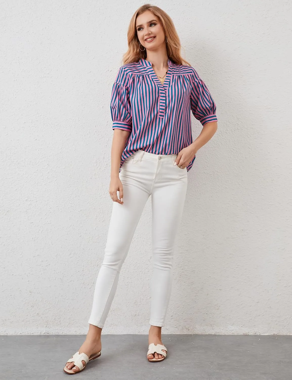 Womens Short Puff Sleeve Striped Blouses Top V Neck Loose Fit Casual Summer Work Blouses Striped Shirt