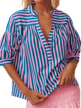 Womens Short Puff Sleeve Striped Blouses Top V Neck Loose Fit Casual Summer Work Blouses Striped Shirt