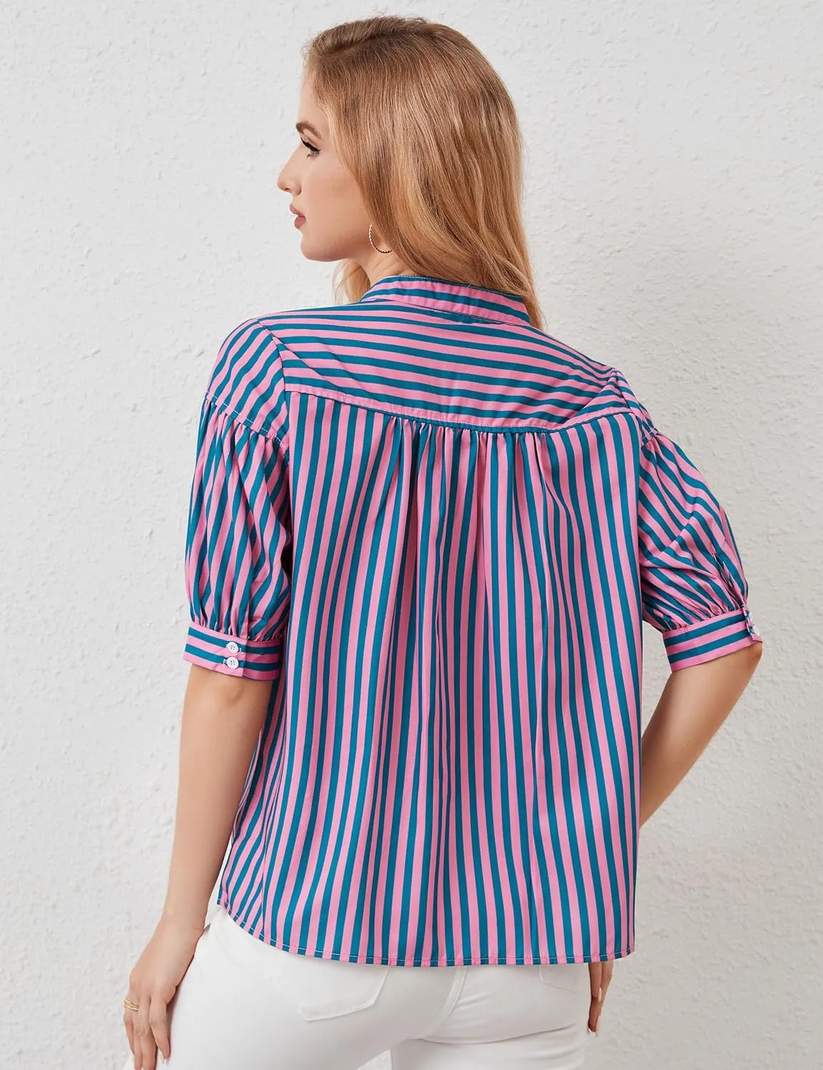 Womens Short Puff Sleeve Striped Blouses Top V Neck Loose Fit Casual Summer Work Blouses Striped Shirt