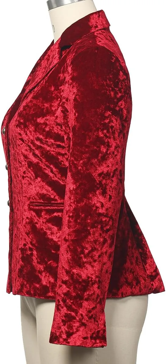 Women's Vintage Velvet Suit Jacket V-Neck Pocket Long Sleeves Dressy Coat Retro Casual Tops