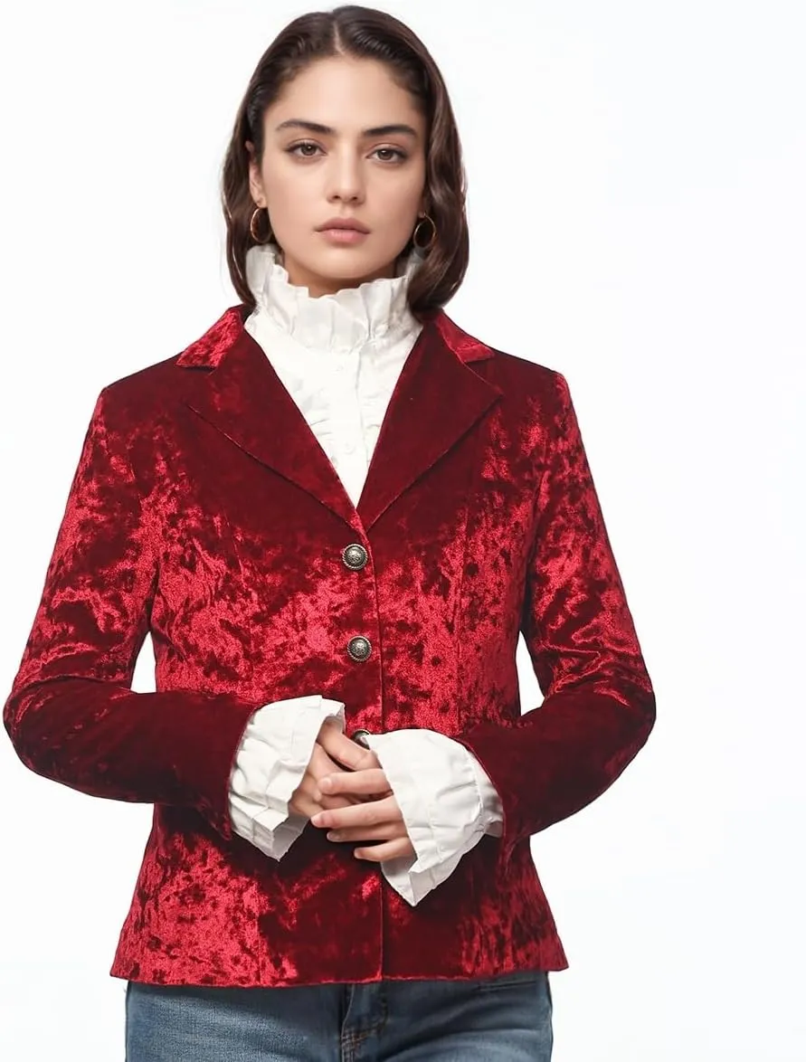 Women's Vintage Velvet Suit Jacket V-Neck Pocket Long Sleeves Dressy Coat Retro Casual Tops