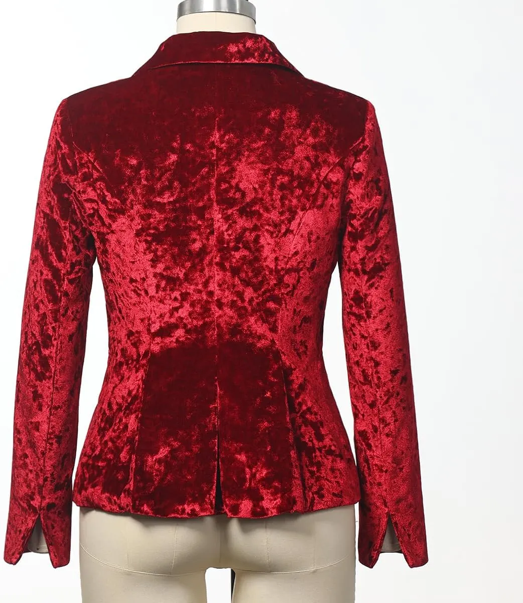 Women's Vintage Velvet Suit Jacket V-Neck Pocket Long Sleeves Dressy Coat Retro Casual Tops