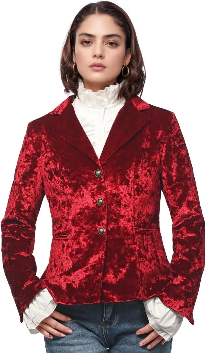 Women's Vintage Velvet Suit Jacket V-Neck Pocket Long Sleeves Dressy Coat Retro Casual Tops