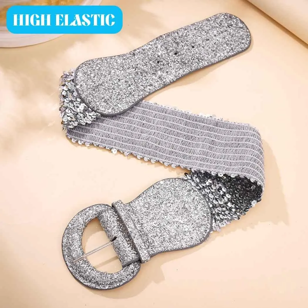 Yalice Sparkle Elastic Waist Belt for Women Stretchy Wide Dress Belts Bling Ladies Waistband with Sequins