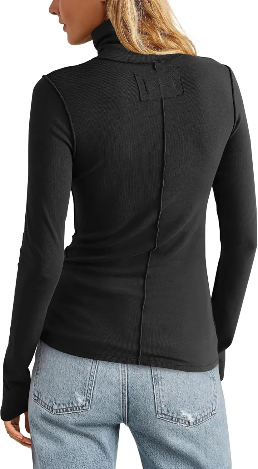 Yanekop Womens Striped Turtleneck Shirt Long Sleeve Striped Shirts Ribbed Knit Slim Fit Top Fitted Basic Tees