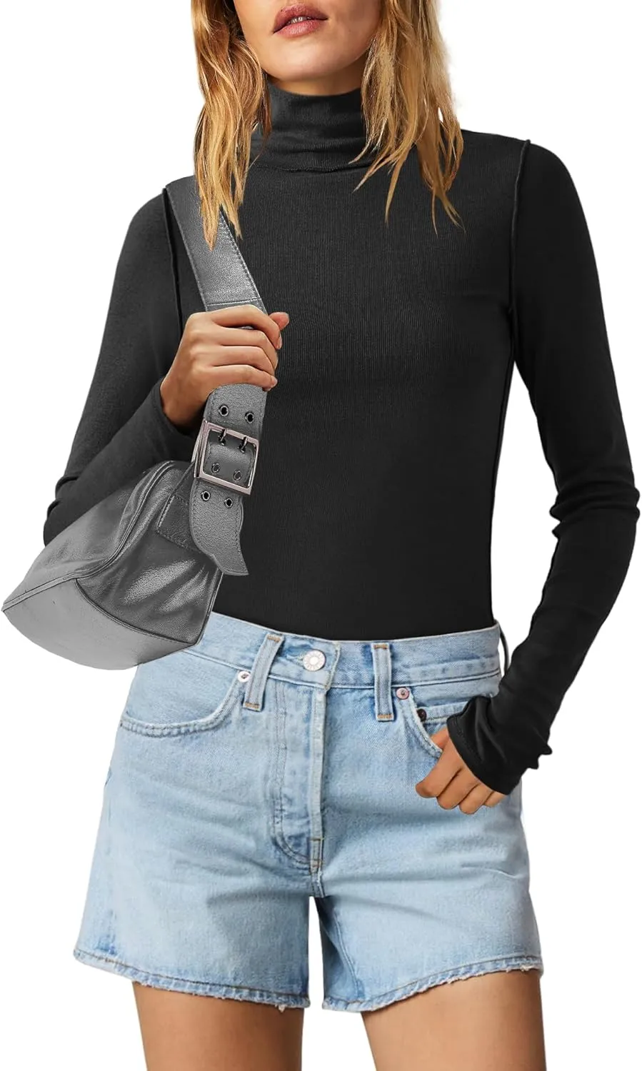 Yanekop Womens Striped Turtleneck Shirt Long Sleeve Striped Shirts Ribbed Knit Slim Fit Top Fitted Basic Tees