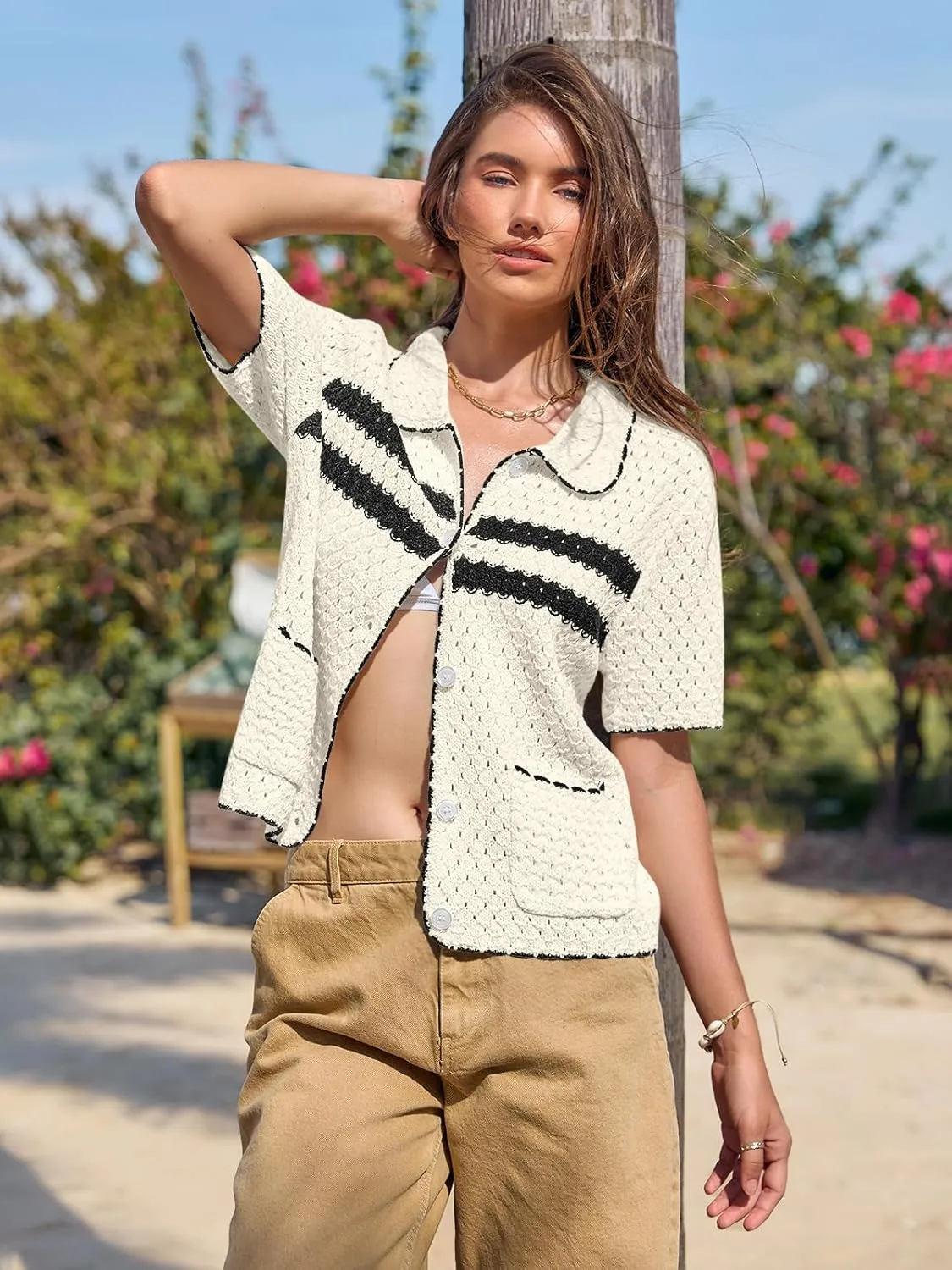 Yousify Womens Striped Short Sleeve Sweater Casual Knitted Button Down Crochet Cardigan Vintage Y2k Hollow-Out Tops